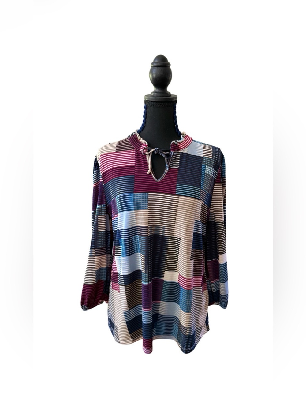 By design: Multi-Color Striped Keyhole Mandarin Collar Blouse